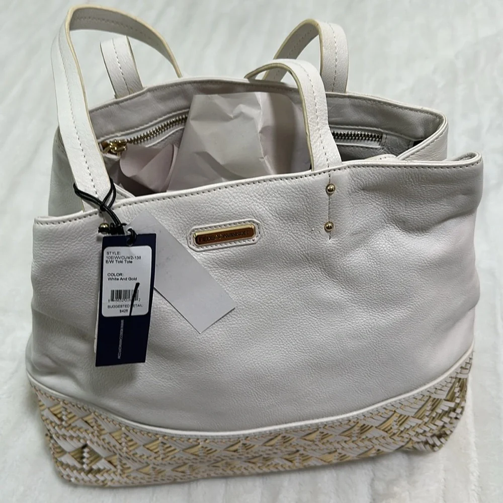 Rebecca Minkoff White and Gold Woven-Trim Leather Tote NWT